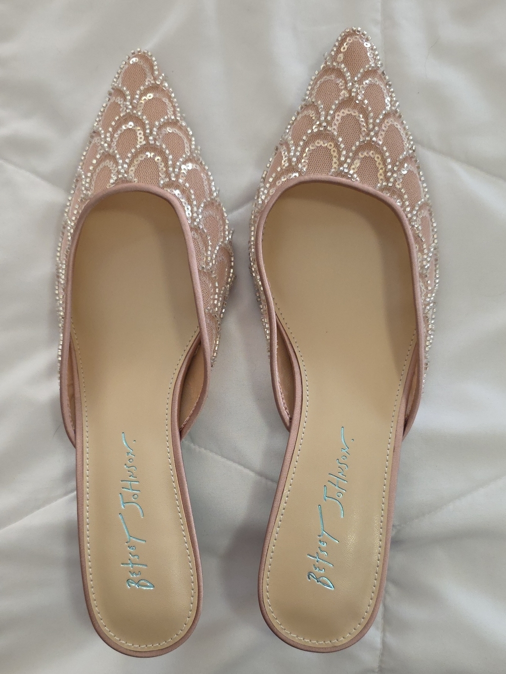 Betsey Johnson Nude Sequin Pointed Slip-On Mules
